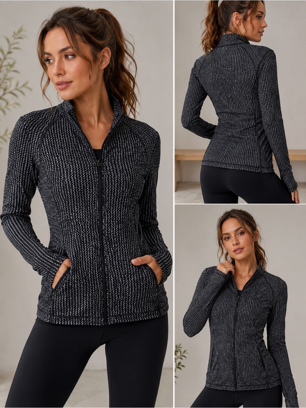 Athleta Full Zip Jacket Small Black Gray Print Lightweight Athletic Zip Up